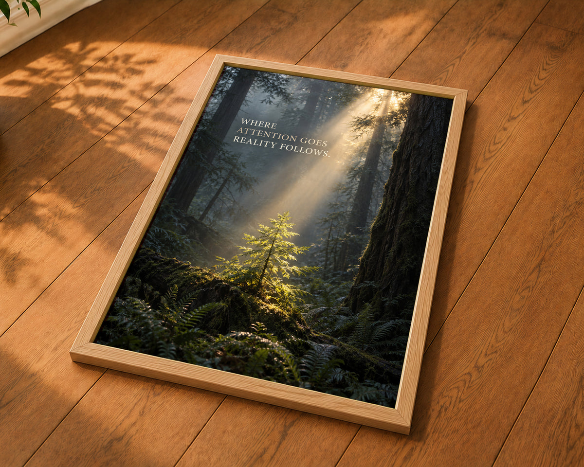 Where Attention Goes Reality Follows – Forest Sunbeam Poster