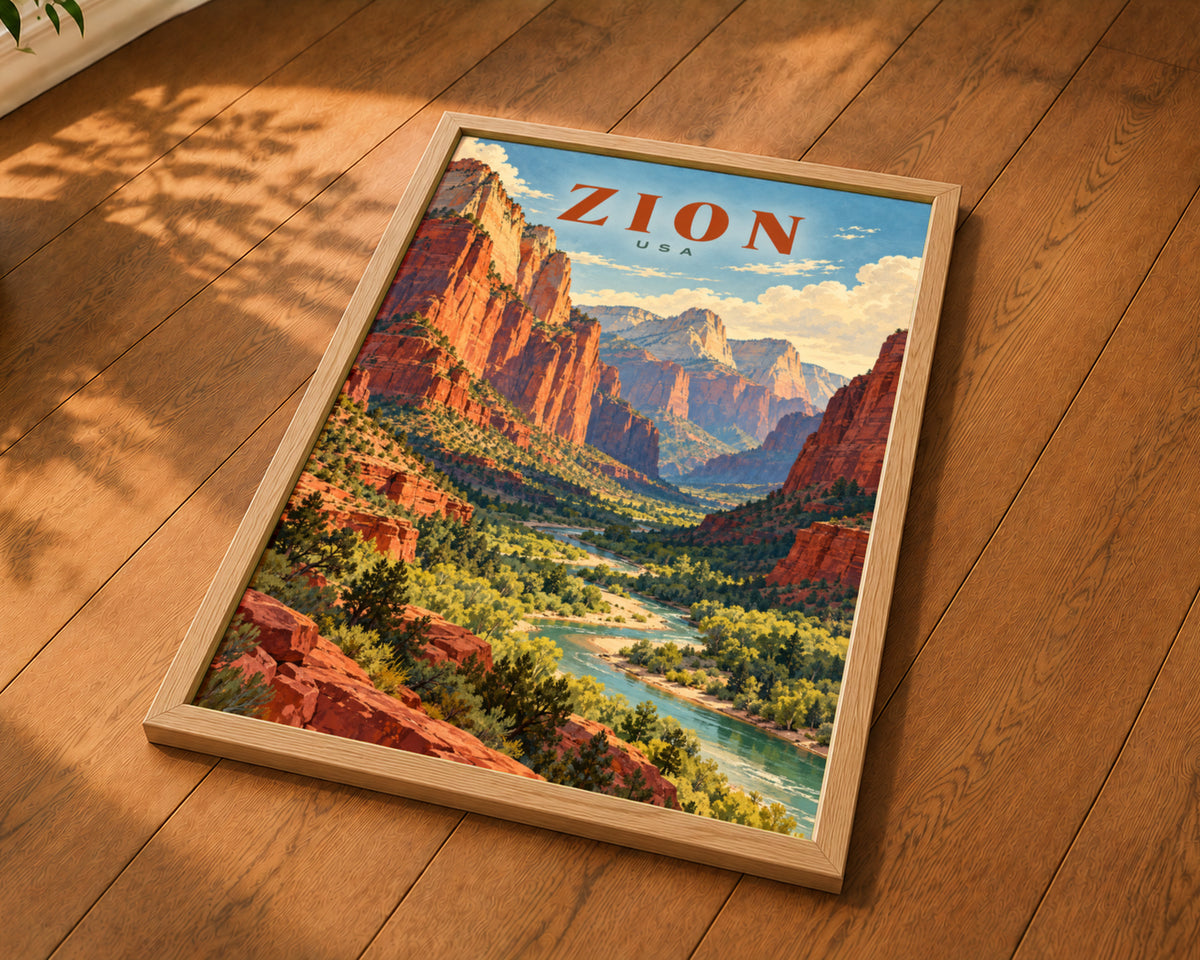 Zion Canyon Travel Poster – Retro Desert Landscape Wall Art