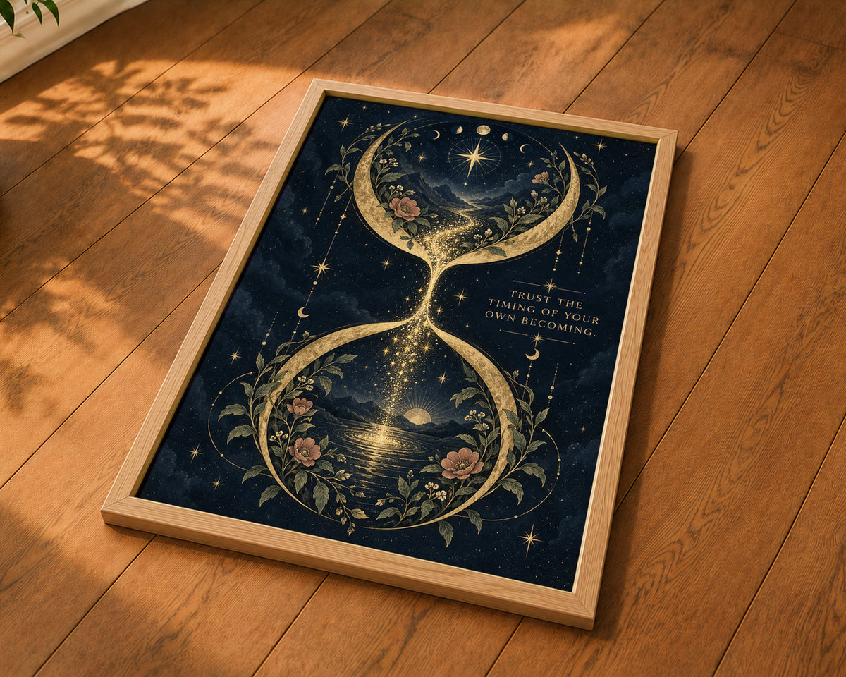 Trust the Timing of Your Own Becoming – Celestial Hourglass Art Print