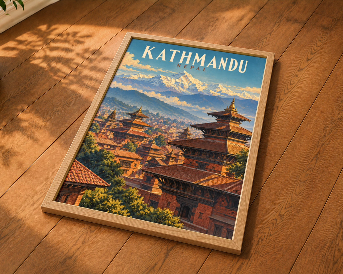 Kathmandu Nepal Mountain Cityscape – Vintage Himalayan Travel Art Poster