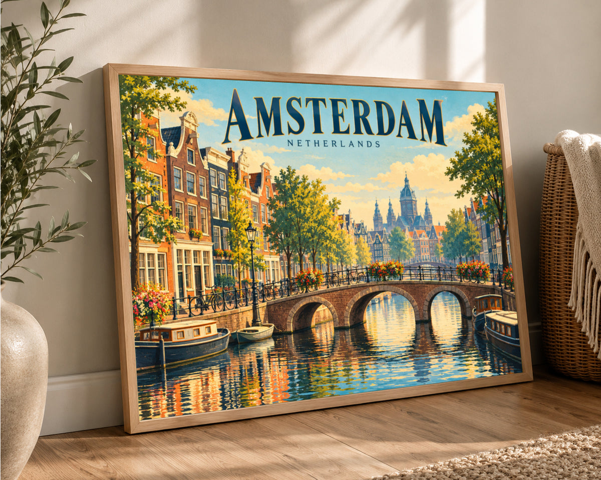 Amsterdam Canal Bridge – Retro Travel Wall Art