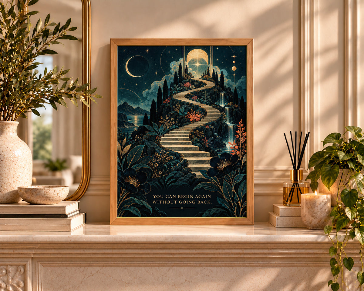 Celestial Stairway to Renewal – Renewal Quote Fantasy Landscape Poster
