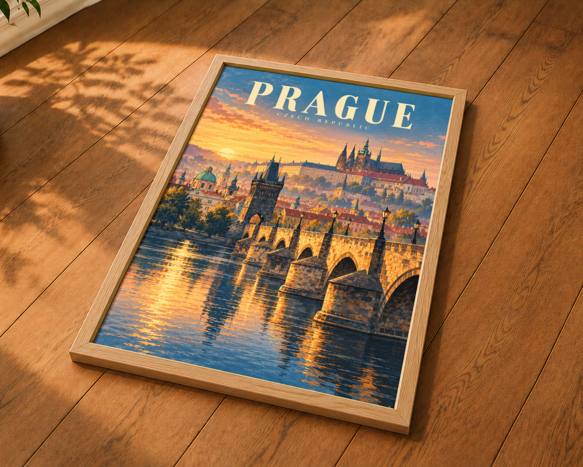 Prague Sunset Bridge – Vintage Travel Poster Art Print
