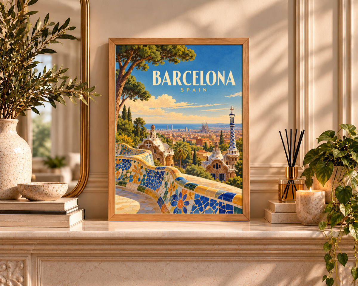 Barcelona Skyline Poster – Retro Travel Cityscape Art Print