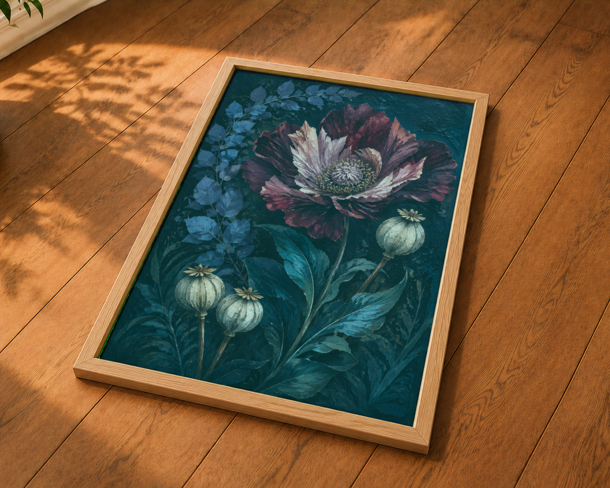 Crimson Bloom with Seed Pods – Dramatic Botanical Art Print