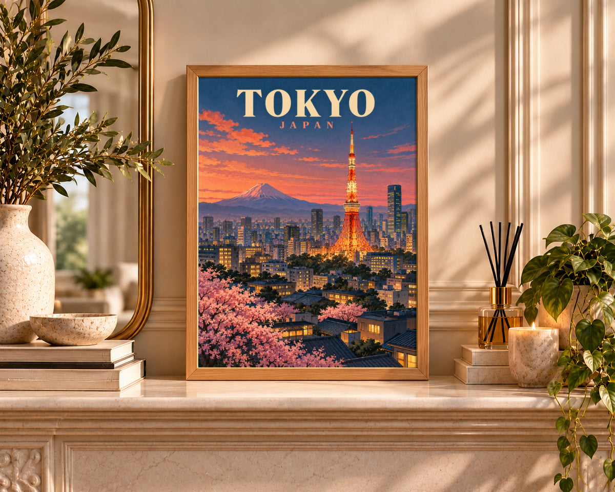 Tokyo Sunset Skyline – Retro Travel Poster Art Print