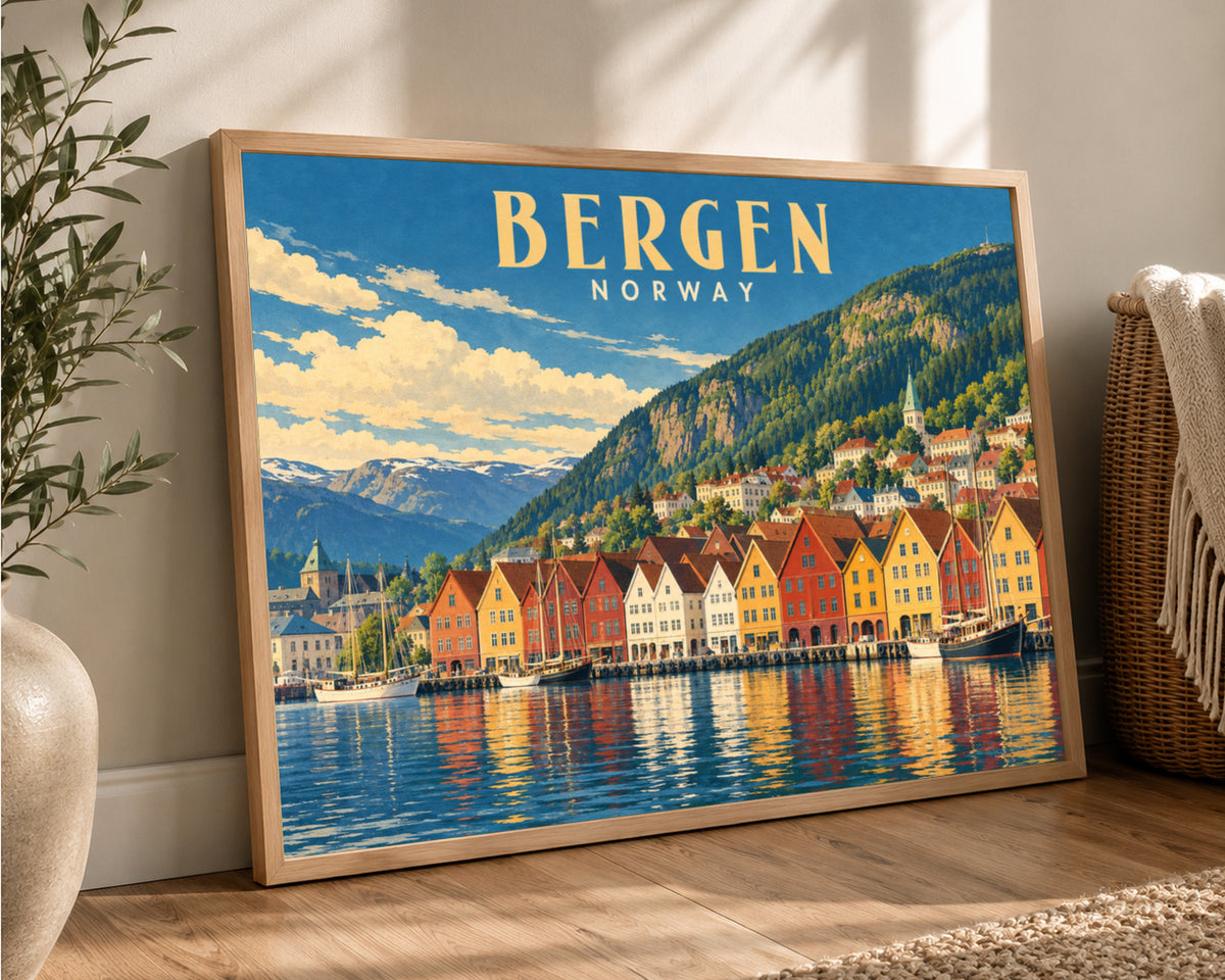 Bergen Harbour Skyline – Vintage Travel Poster Art Print