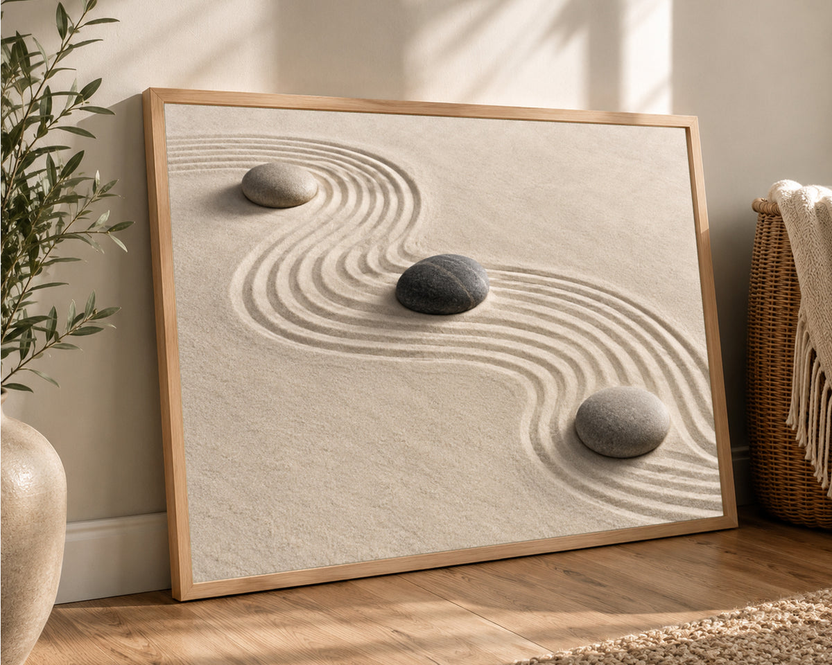 Zen Sand Ripples with Stones – Minimalist Calm Wall Art