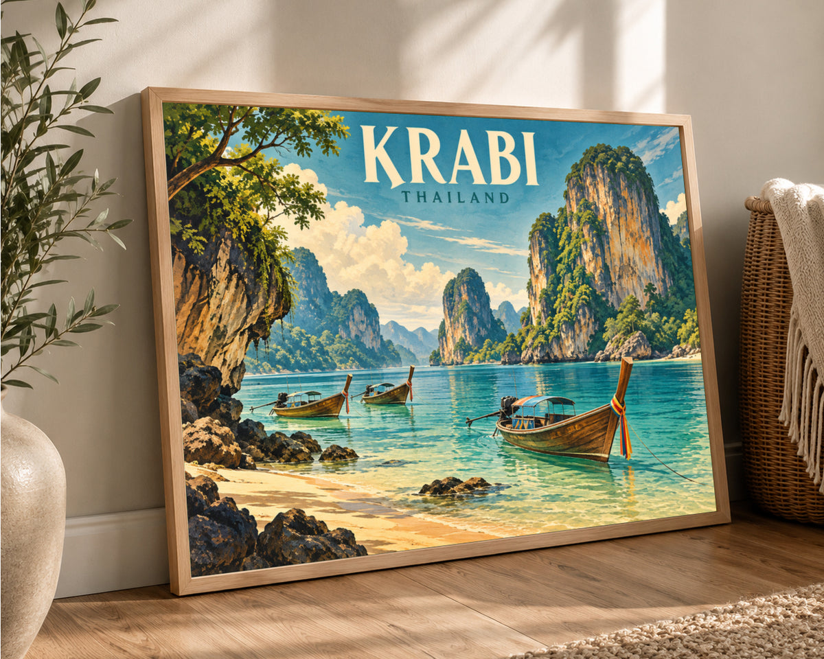 Krabi Thailand Seascape – Retro Travel Poster Art Print