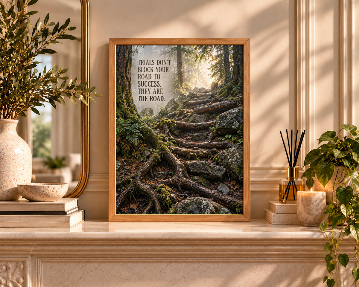 Trials on the Road – Inspirational Forest Path Poster