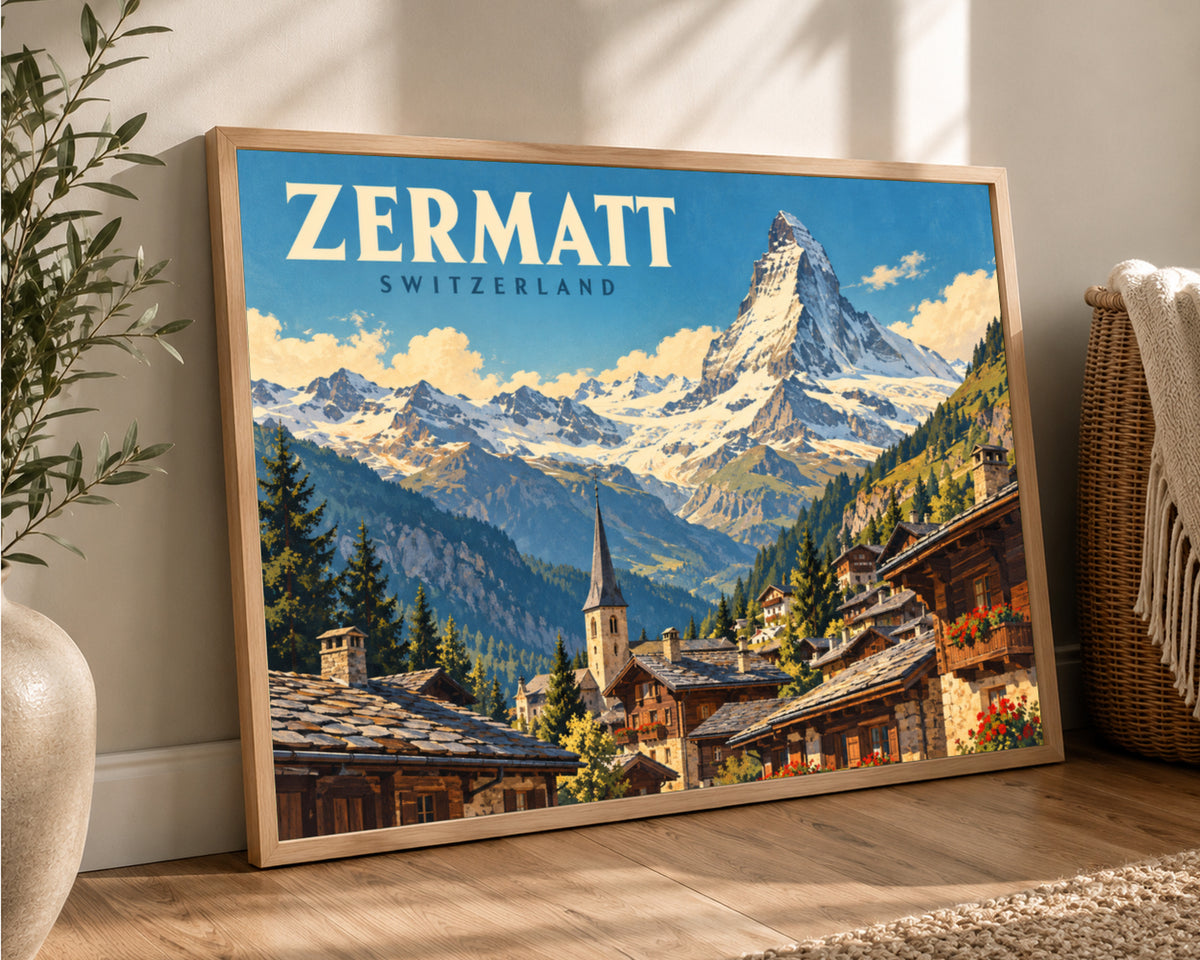 Zermatt Mountain Village – Swiss Alpine Travel Poster
