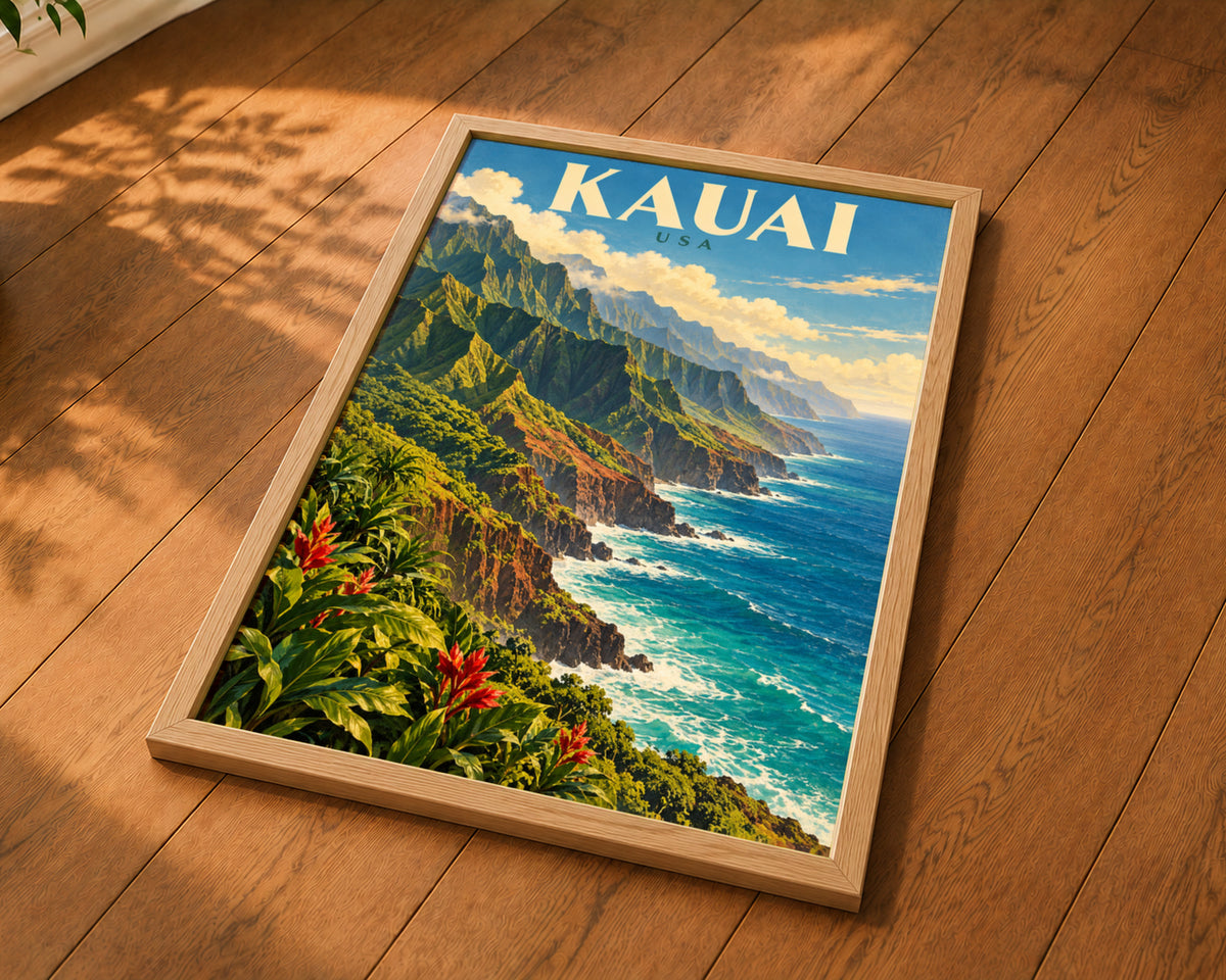 Kauai Coastline – Vintage Tropical Travel Art Print