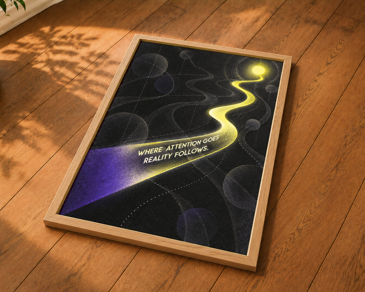 Where Attention Goes, Reality Follows – Abstract Typography Poster