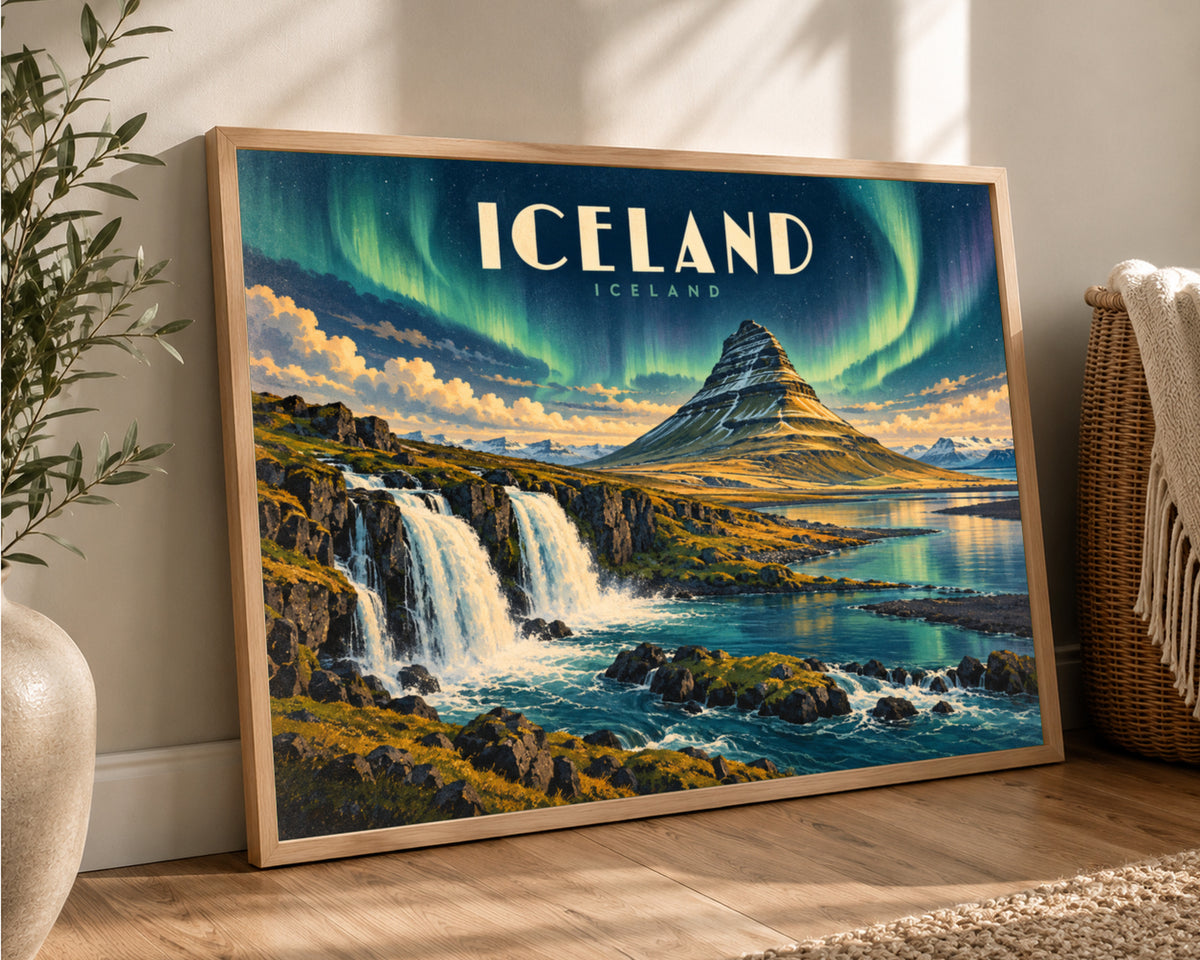 Iceland Aurora Landscape – Nordic Aurora Waterfall Art Print