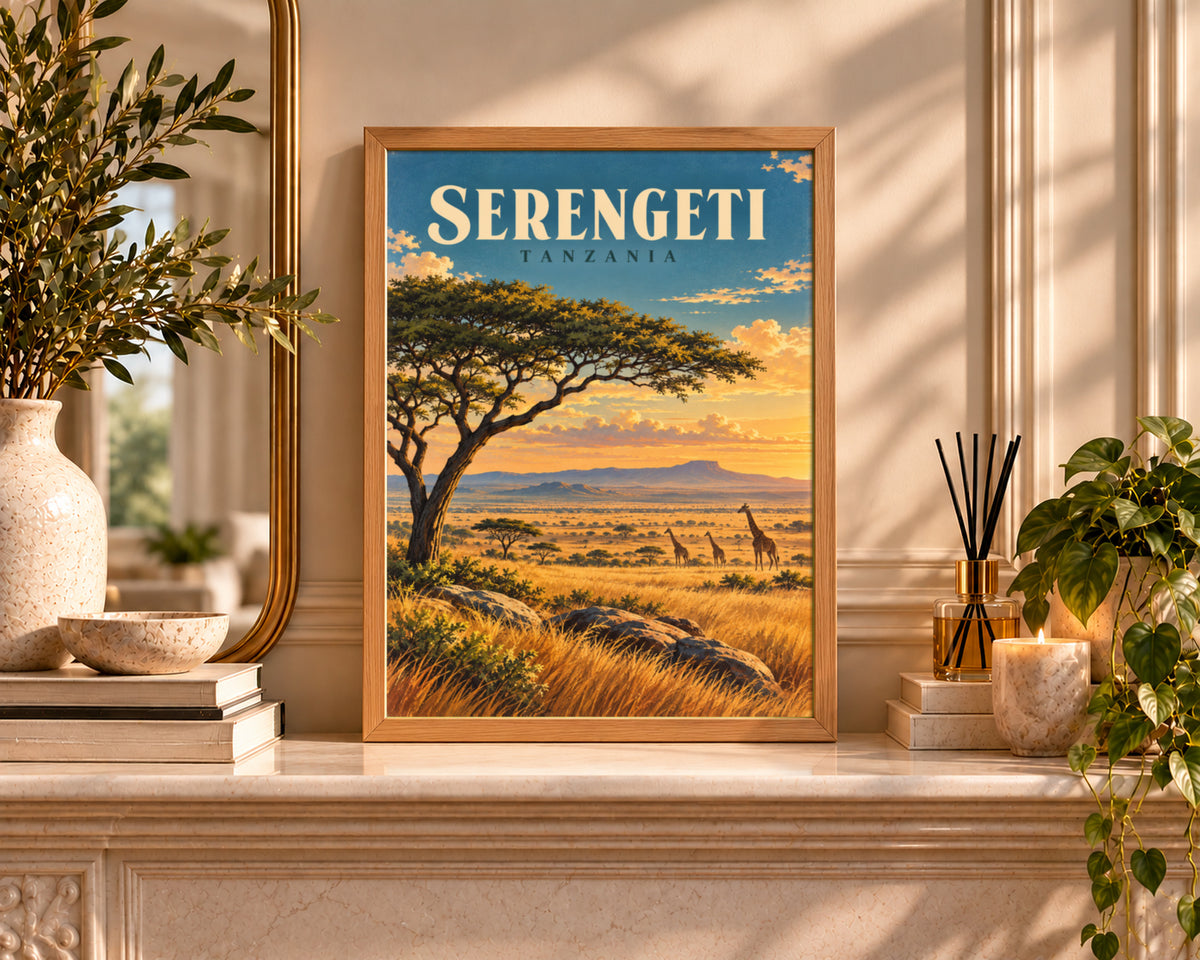 Serengeti Safari Sunset – Giraffes at the Acacia Tree Travel Wall Art