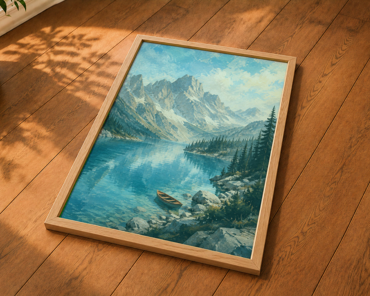 Alpine Lake and Rowboat – Serene Mountain Landscape Art Print