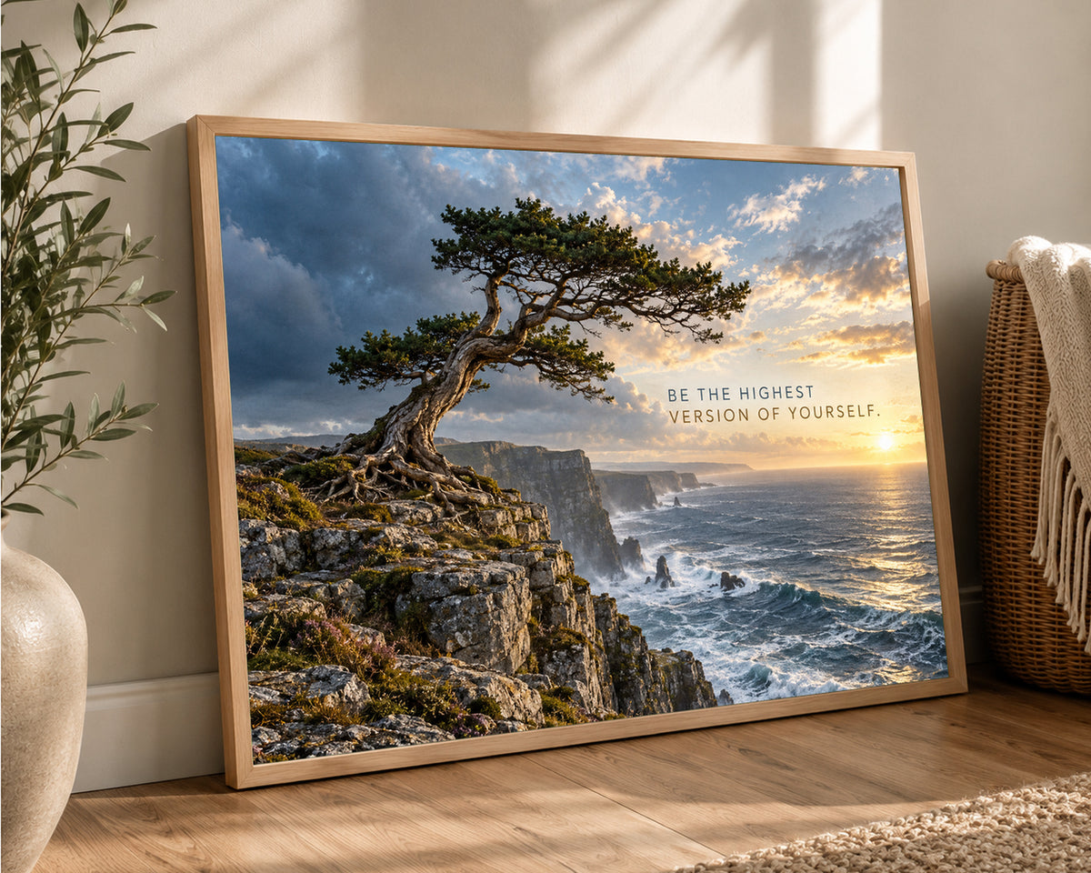 Coastal Tree at Sunset – Inspirational Ocean Landscape Art Print
