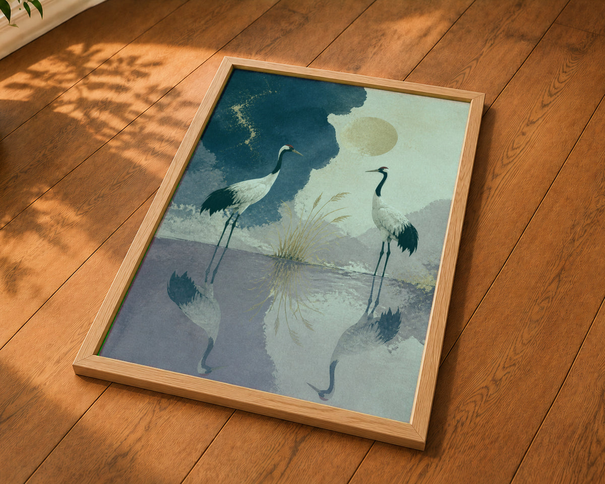 Crane Reflection – Serene Crane Waterscape Art Print