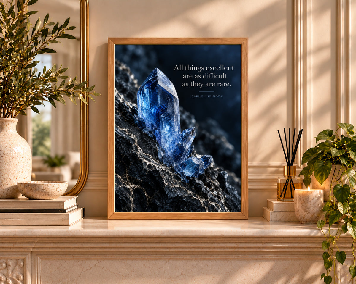 Blue Crystal Poster – Baruch Spinoza Quote Inspirational Art Print