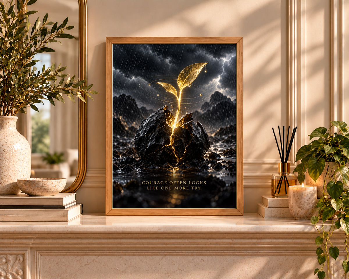 Golden Sprout in the Storm – Courage Often Looks Like One More Try Art Print