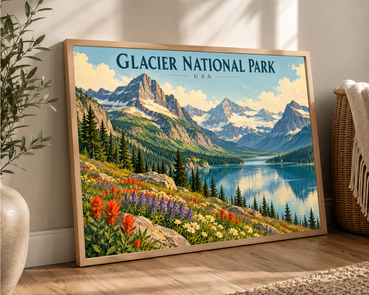 Glacier National Park Vista – Retro Travel Landscape Art Print