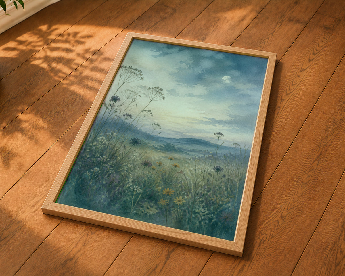 Moonlit Wildflower Meadow – Serene Watercolour Landscape Art Print
