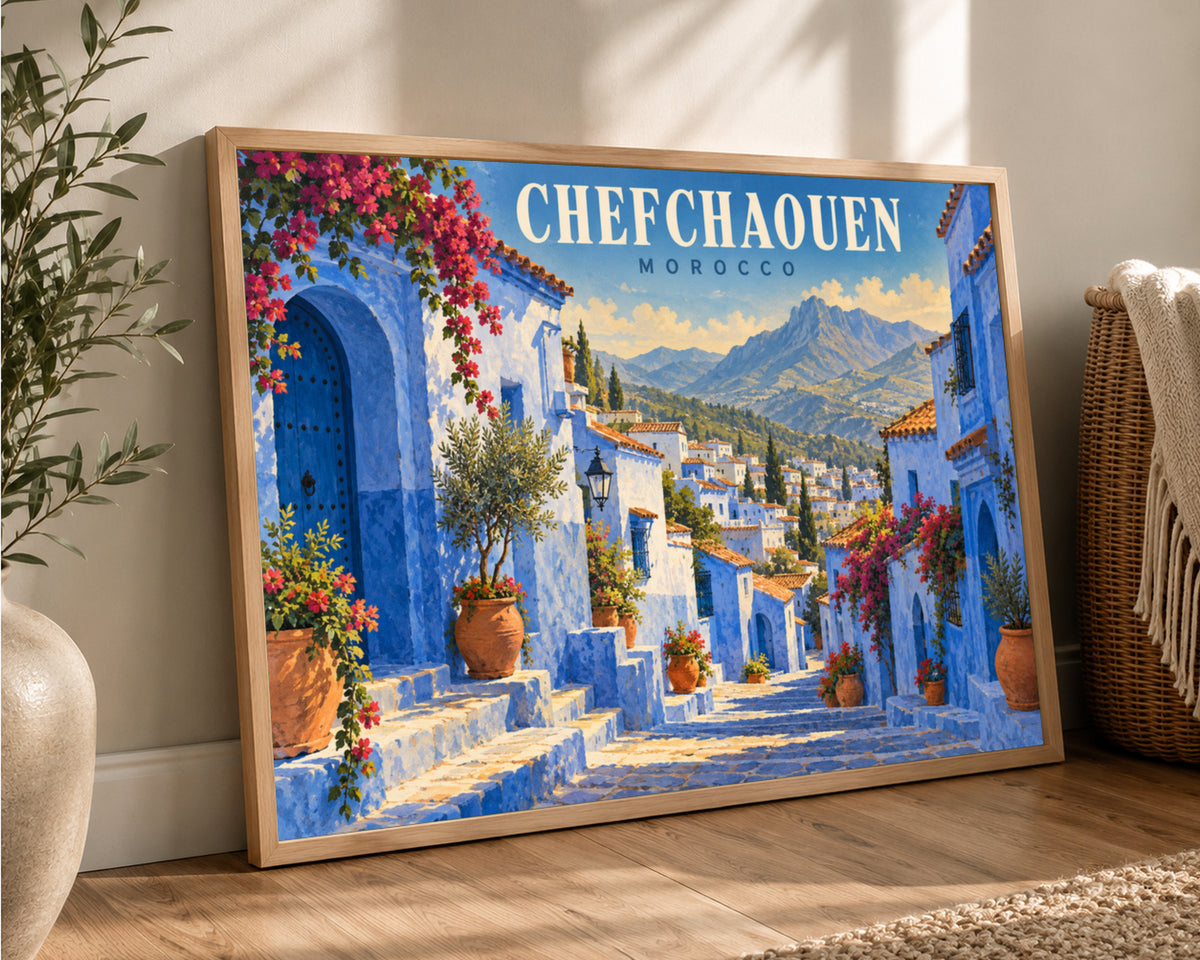Chefchaouen Morocco Blue Street – Vintage Travel Poster Art Print