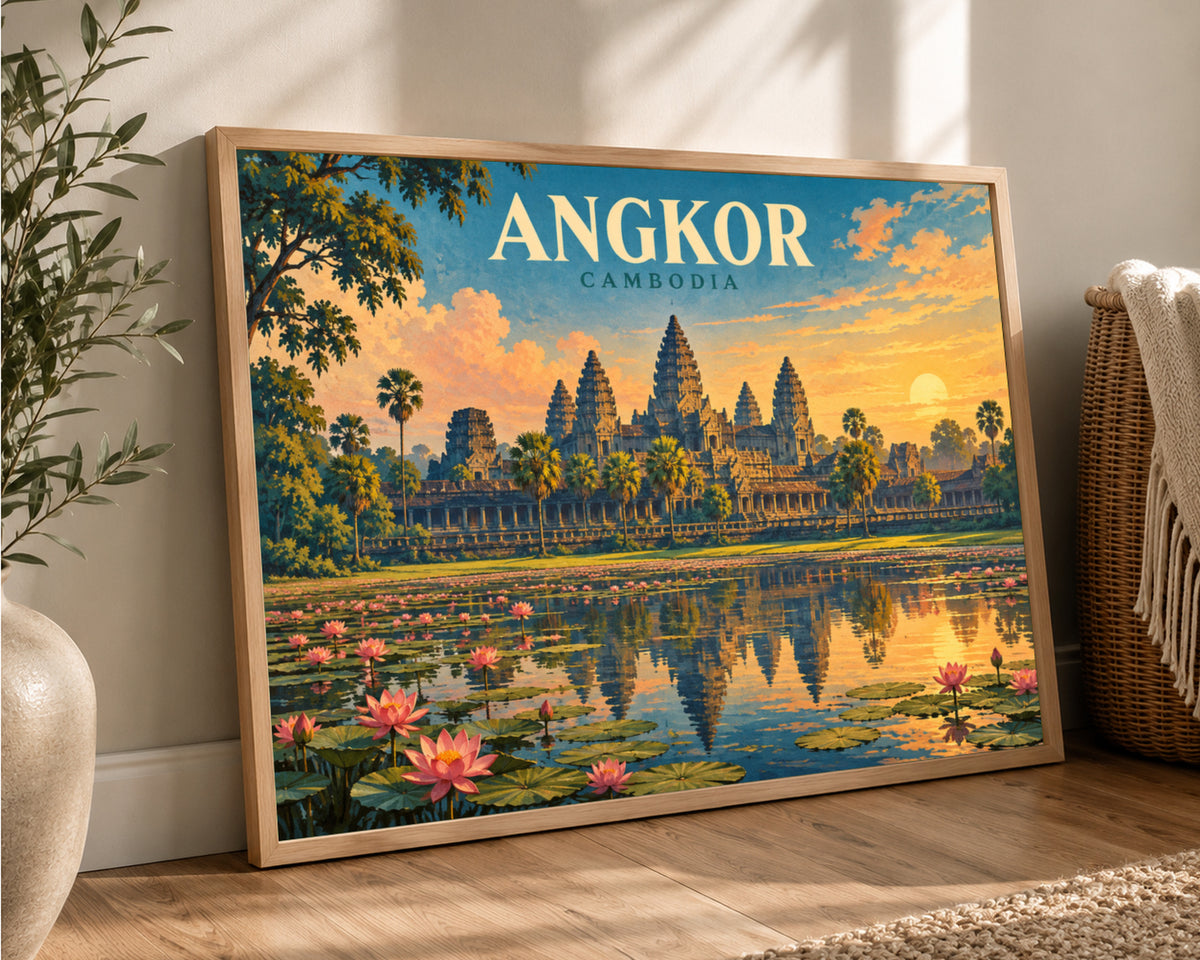 Angkor Cambodia Sunset – Vintage Travel Poster Wall Art