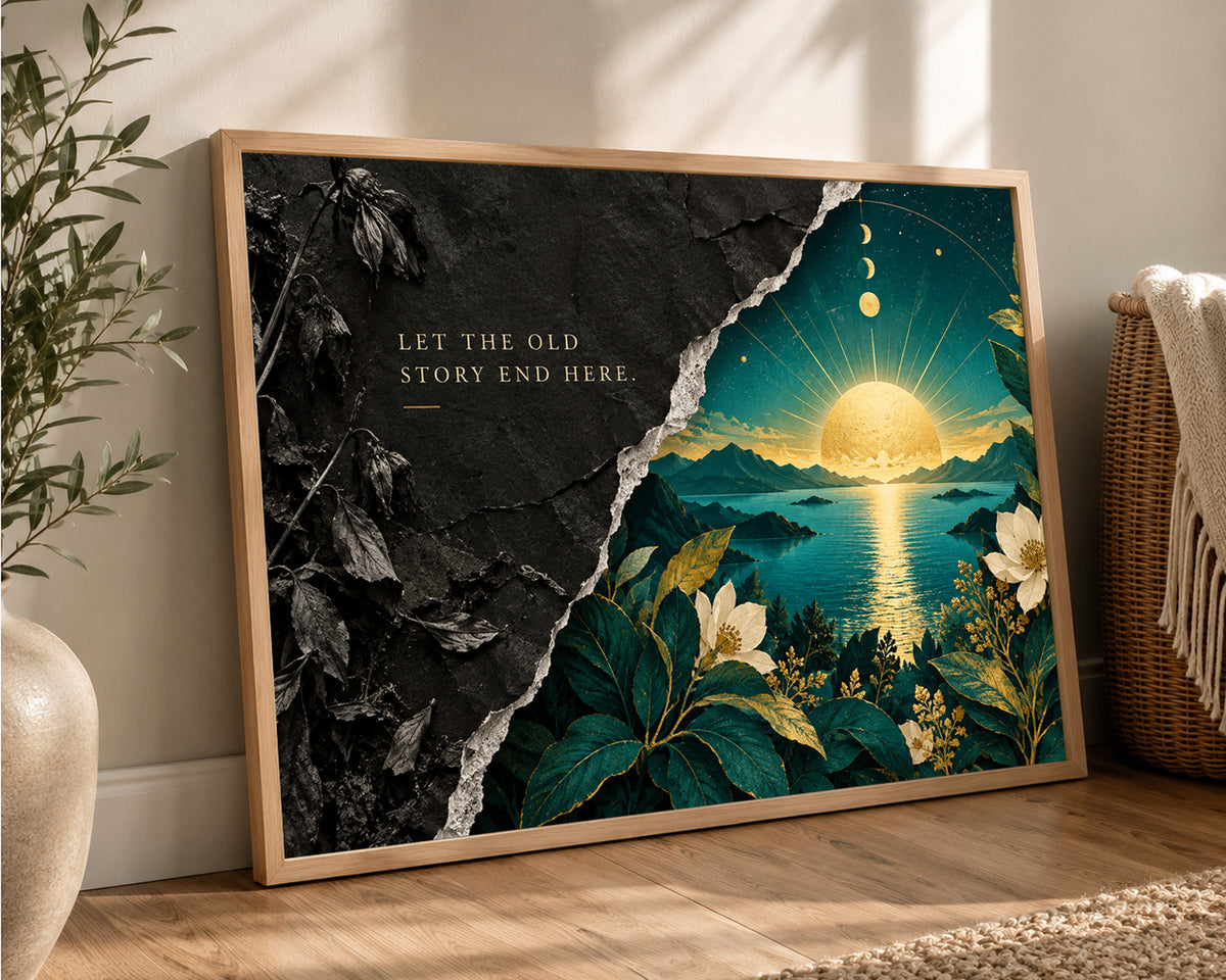 Old Story End Here – Sun and Mountains Wall Art Poster
