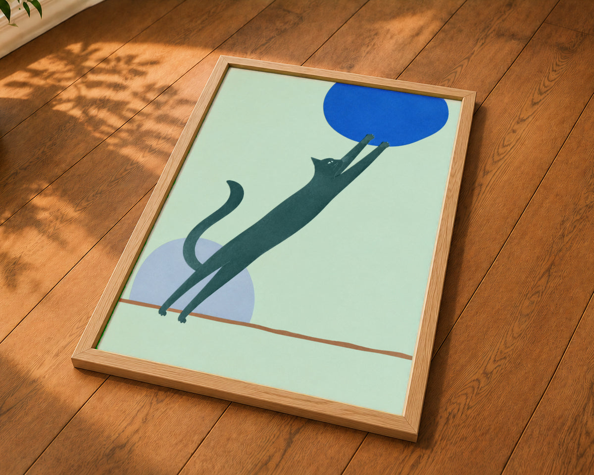 Black Cat and Blue Circle – Minimalist Cat Art Print
