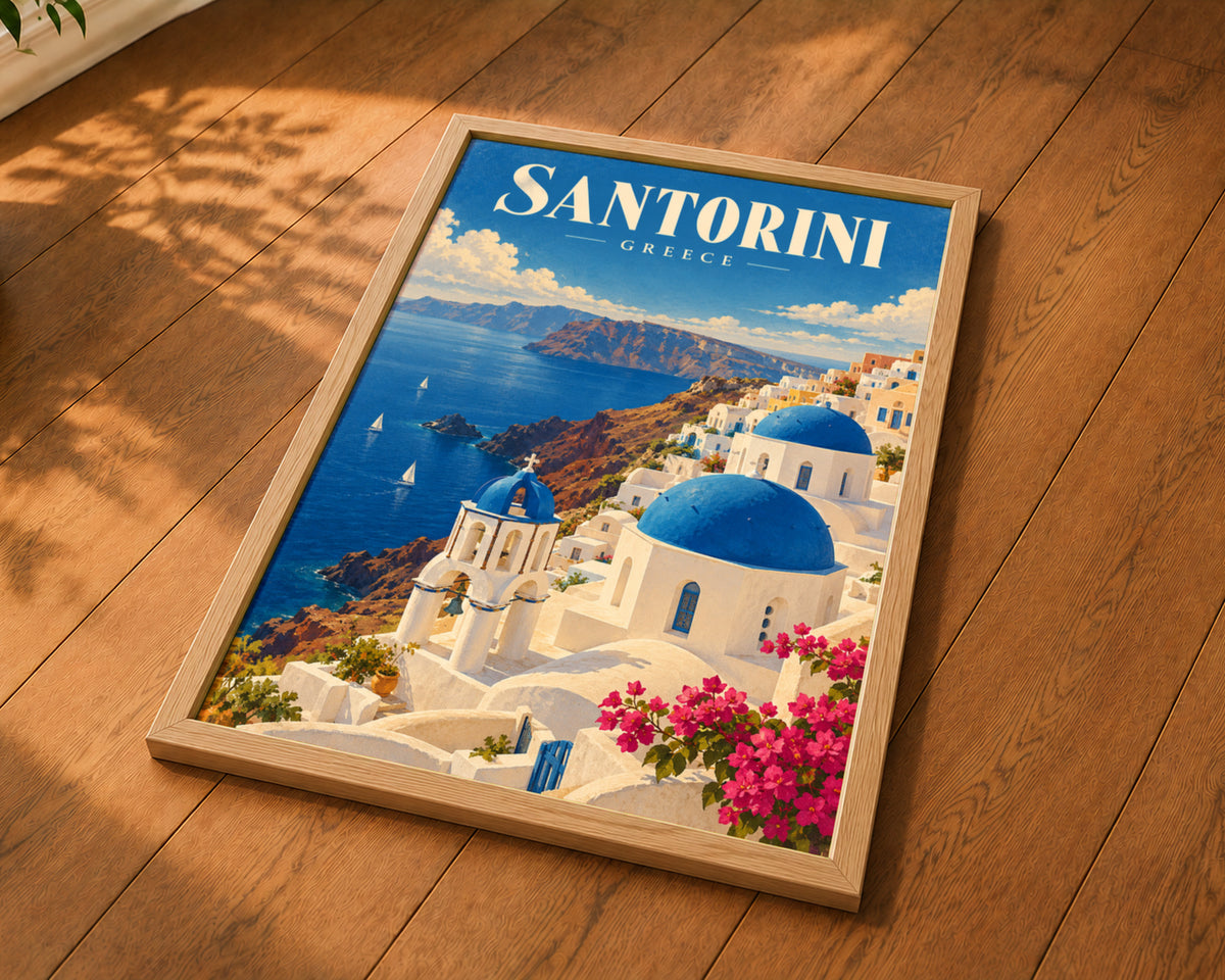 Santorini Greece Coastal Poster – Mediterranean Travel Art Print