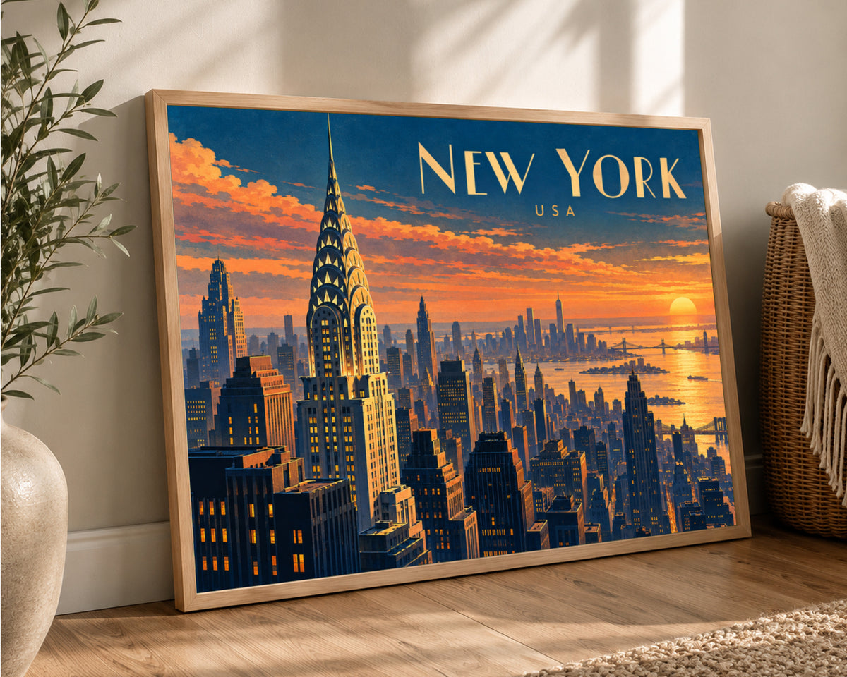 New York Sunset Skyline – Chrysler Building Cityscape Art Print