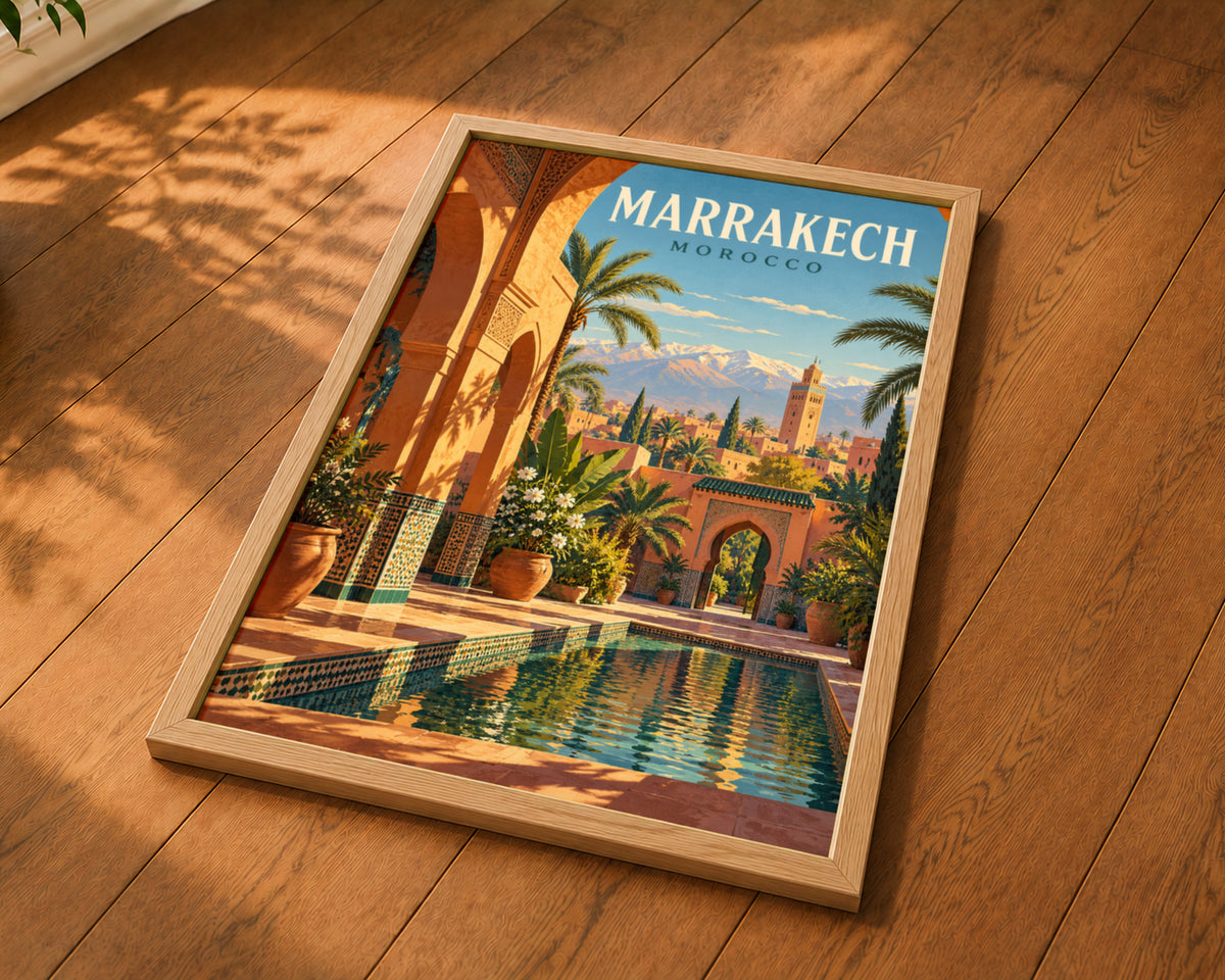 Marrakech Courtyard Pool – Retro Travel Poster Wall Art
