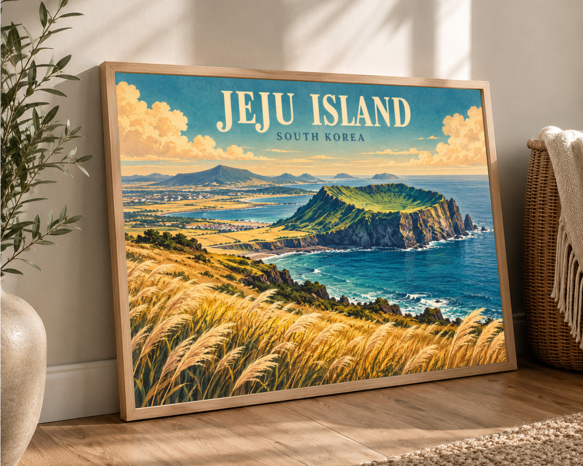 Jeju Island Coastal View – Retro Travel Landscape Art Print