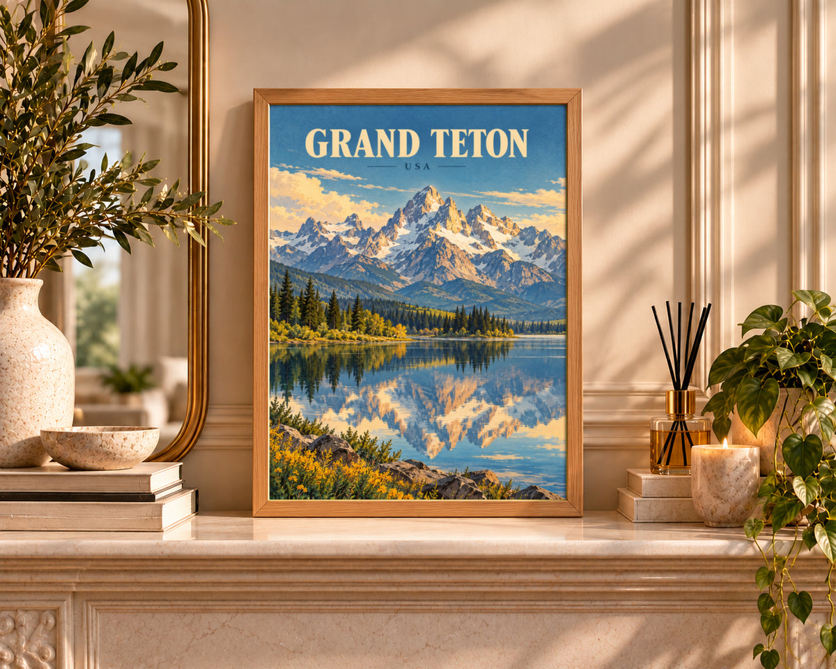 Grand Teton USA – Vintage Travel-Poster Lake and Mountain Wall Art