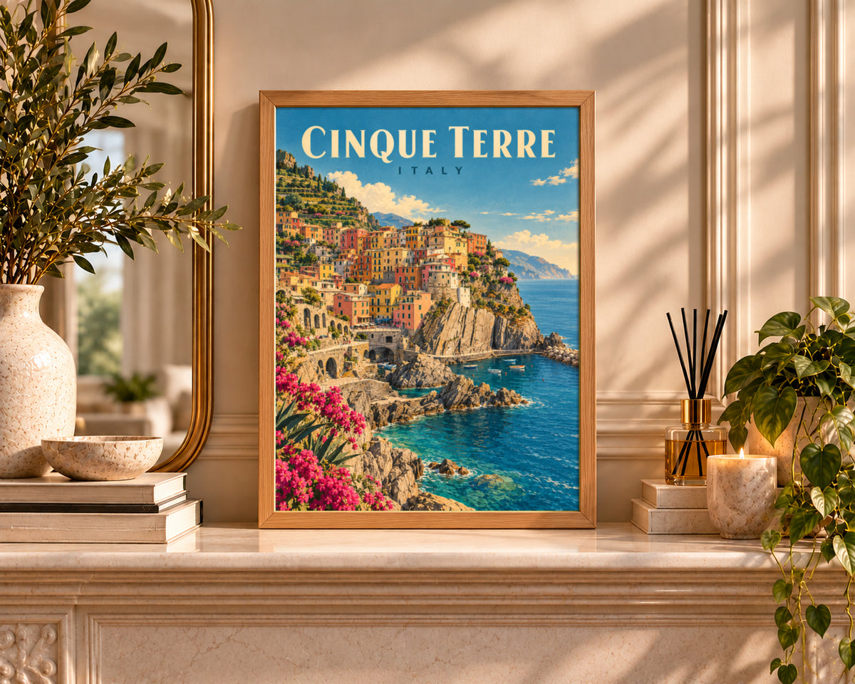 Cinque Terre Italy Coastline – Vintage Coastal Village Art Print