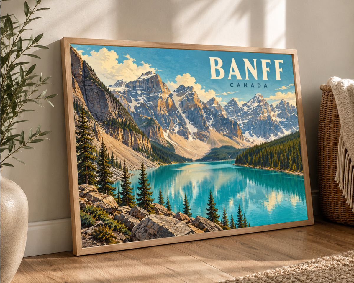 Banff Canada Mountain Lake Poster – Retro Scenic Travel Print Wall Art