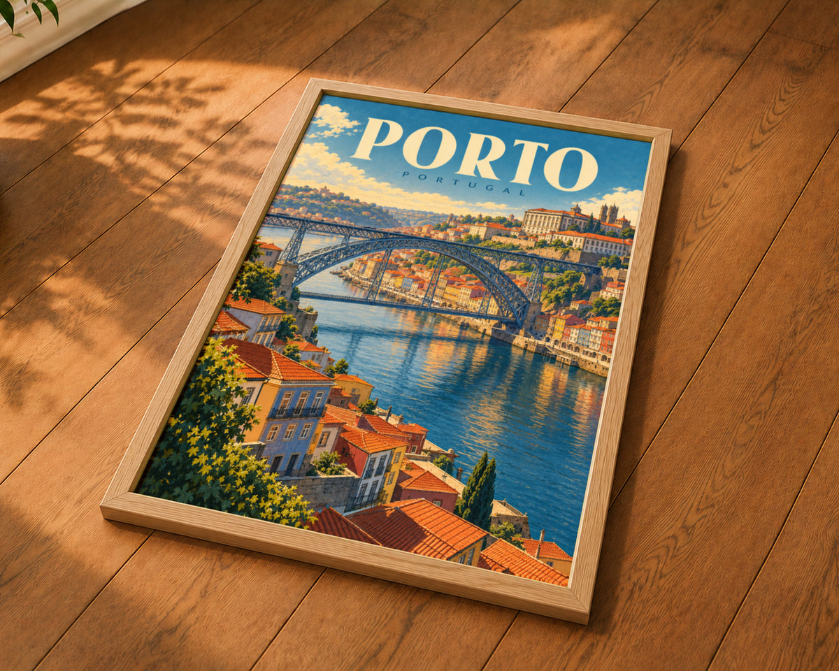 Porto Portugal Travel Poster – Vintage Riverside Cityscape Art Print