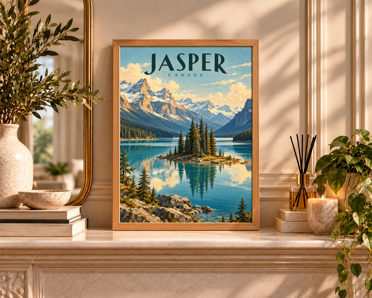 Jasper Canada Mountain Lake – Art Deco Travel Landscape Art Print