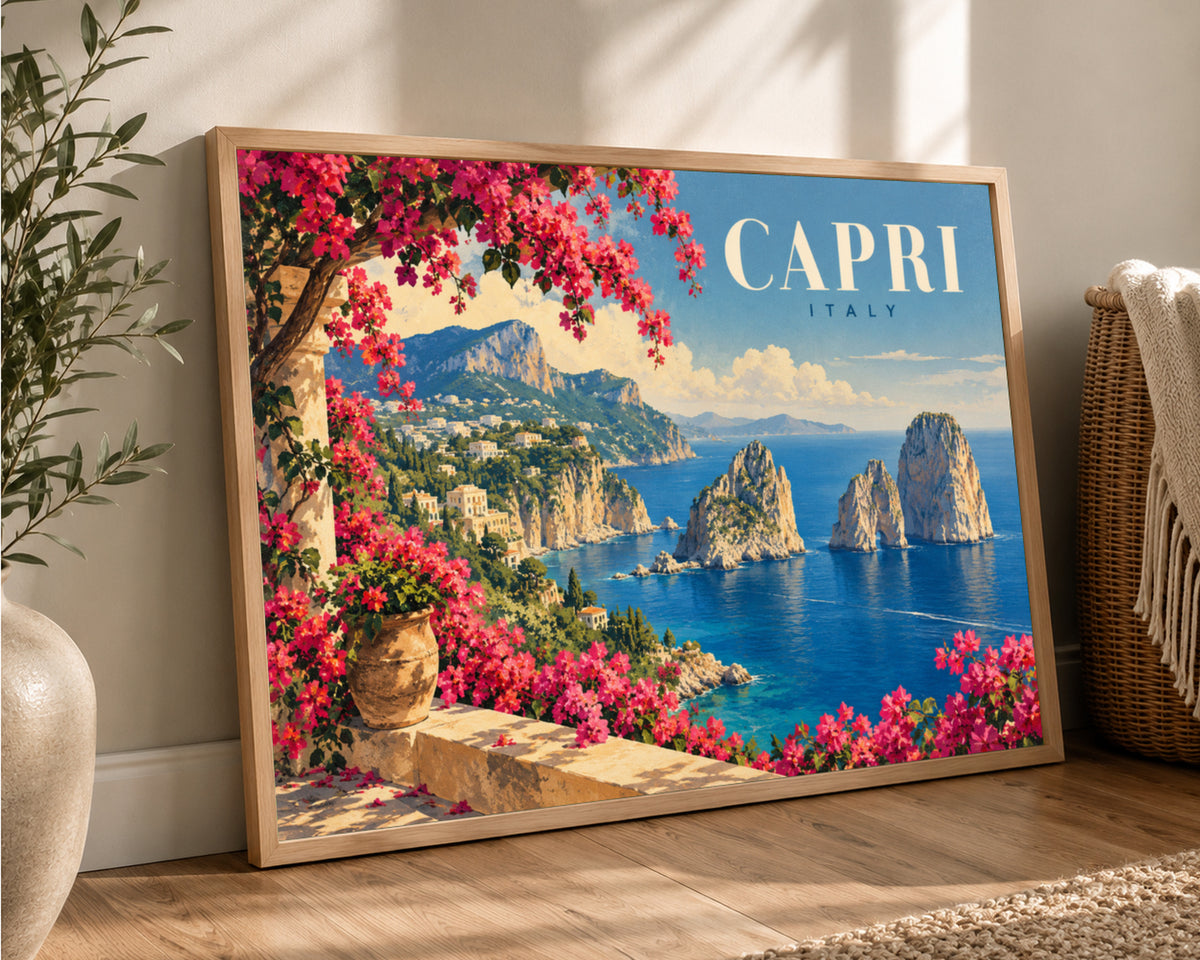 Capri Coastline with Bougainvillea – Vintage Travel Poster Art Print