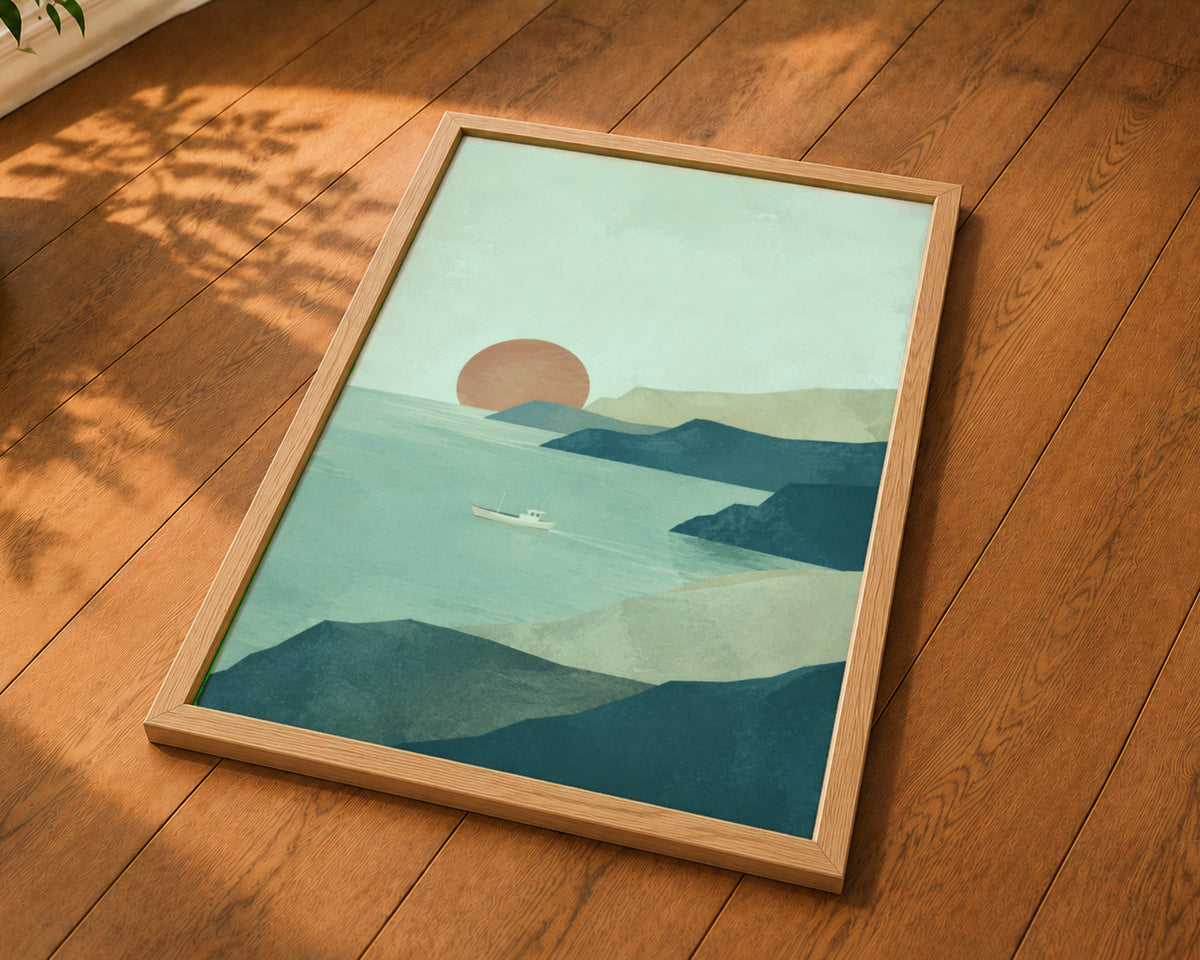 Coastal Sunset Sail – Minimal Coastal Landscape Art Print