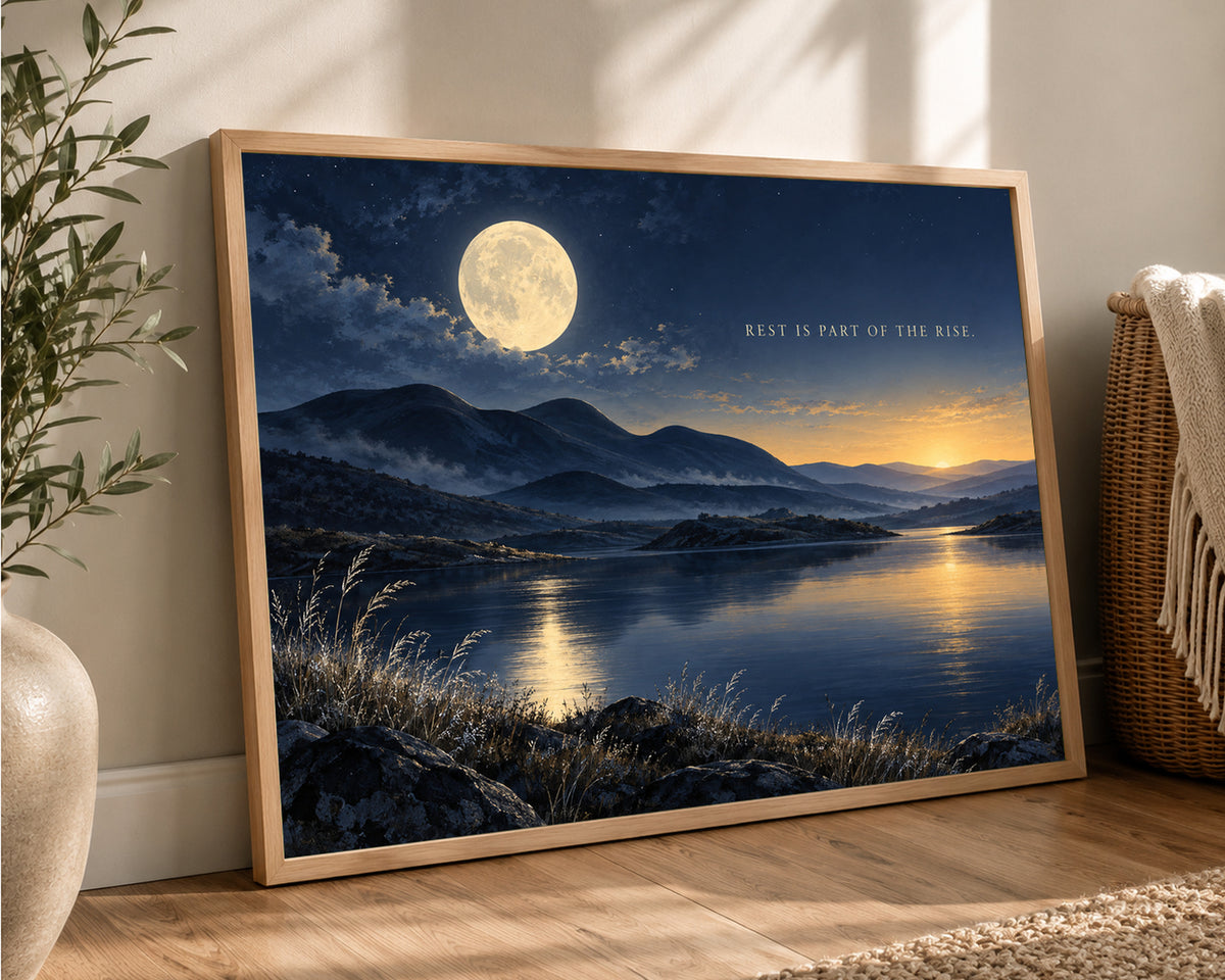 Rest Is Part of the Rise – Moonlit Mountain Lake Quote Art Print