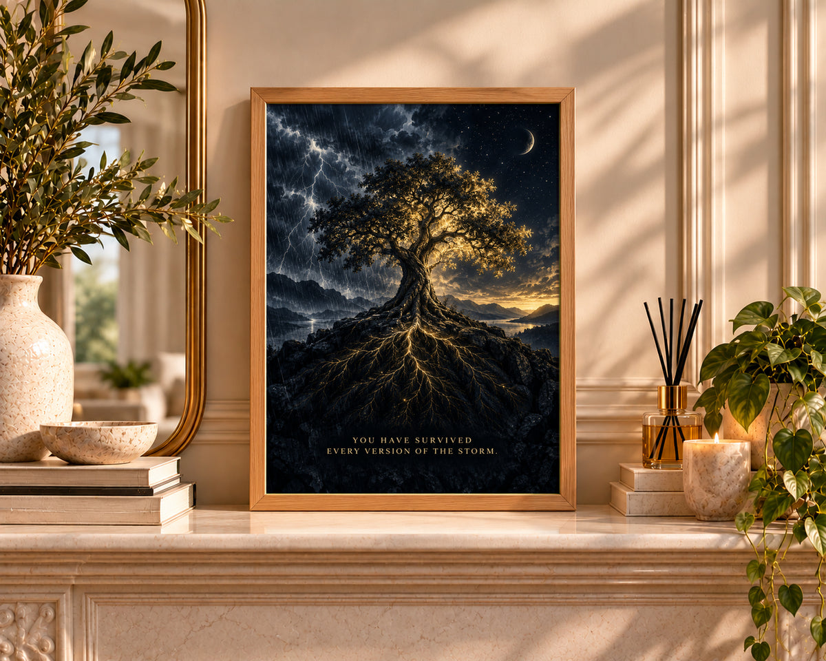 Stormlit Tree of Resilience – Resilience Quote Fantasy Poster