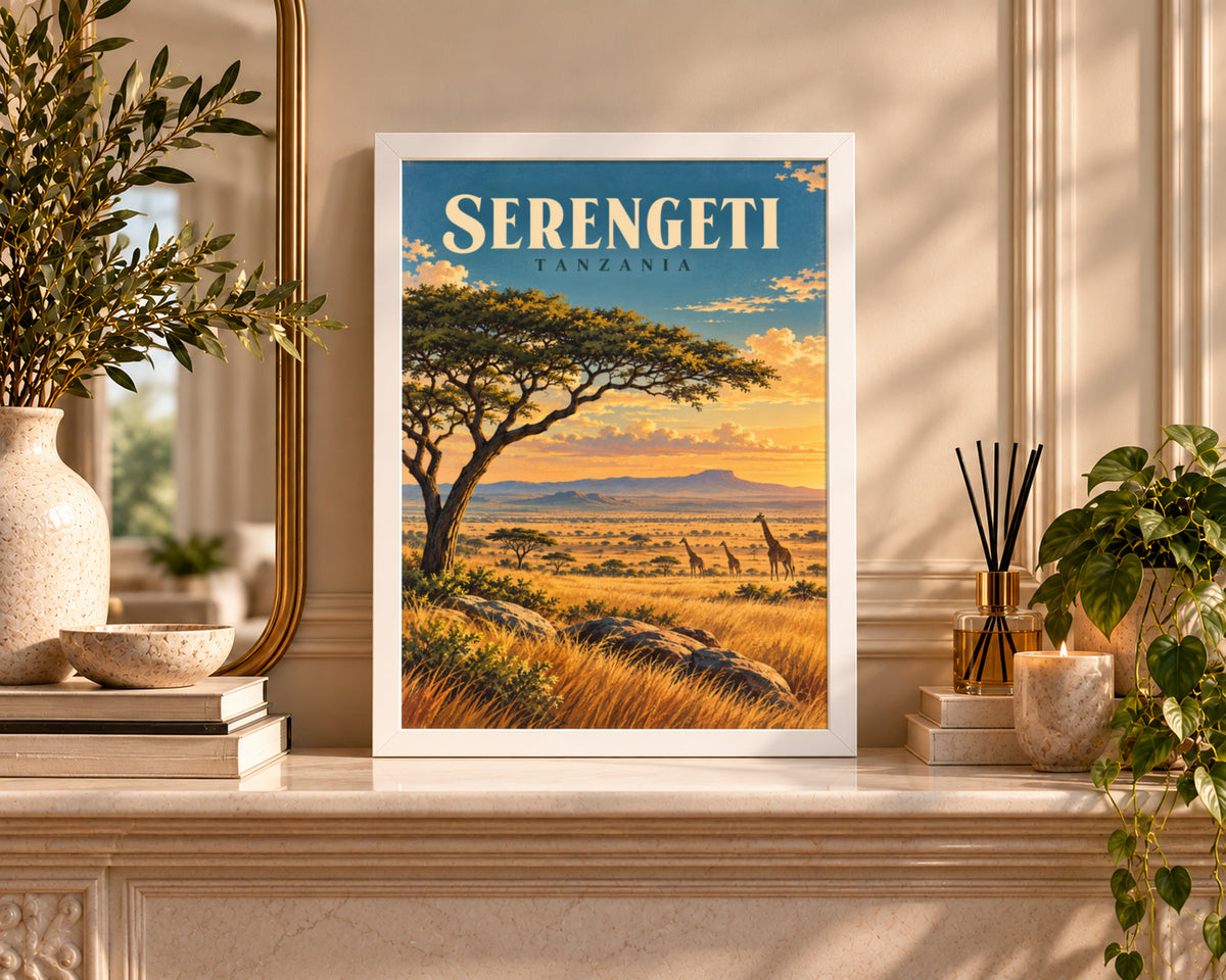 Serengeti Safari Sunset – Giraffes at the Acacia Tree Travel Wall Art