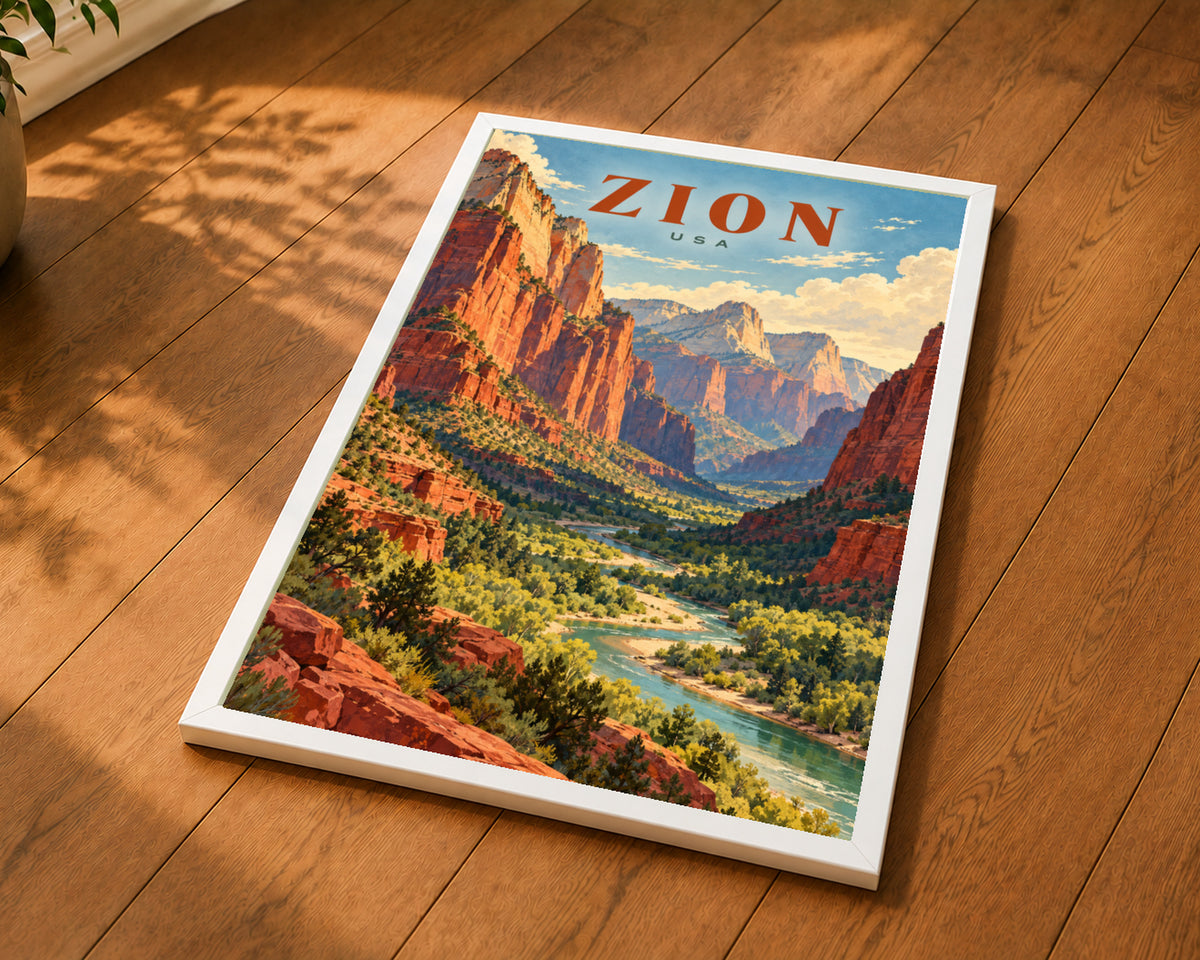 Zion Canyon Travel Poster – Retro Desert Landscape Wall Art