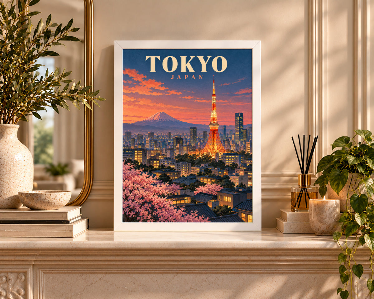 Tokyo Sunset Skyline – Retro Travel Poster Art Print