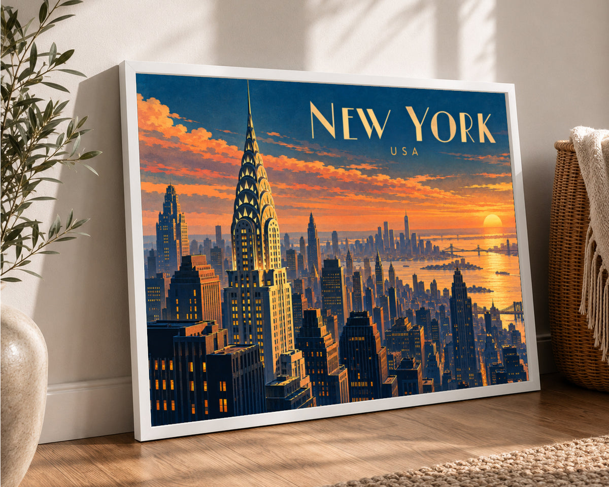 New York Sunset Skyline – Chrysler Building Cityscape Art Print