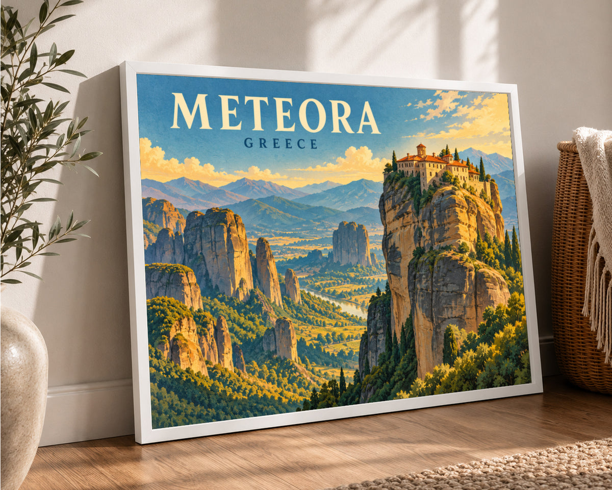 Meteora Greece – Retro Vintage Mountain Landscape Poster