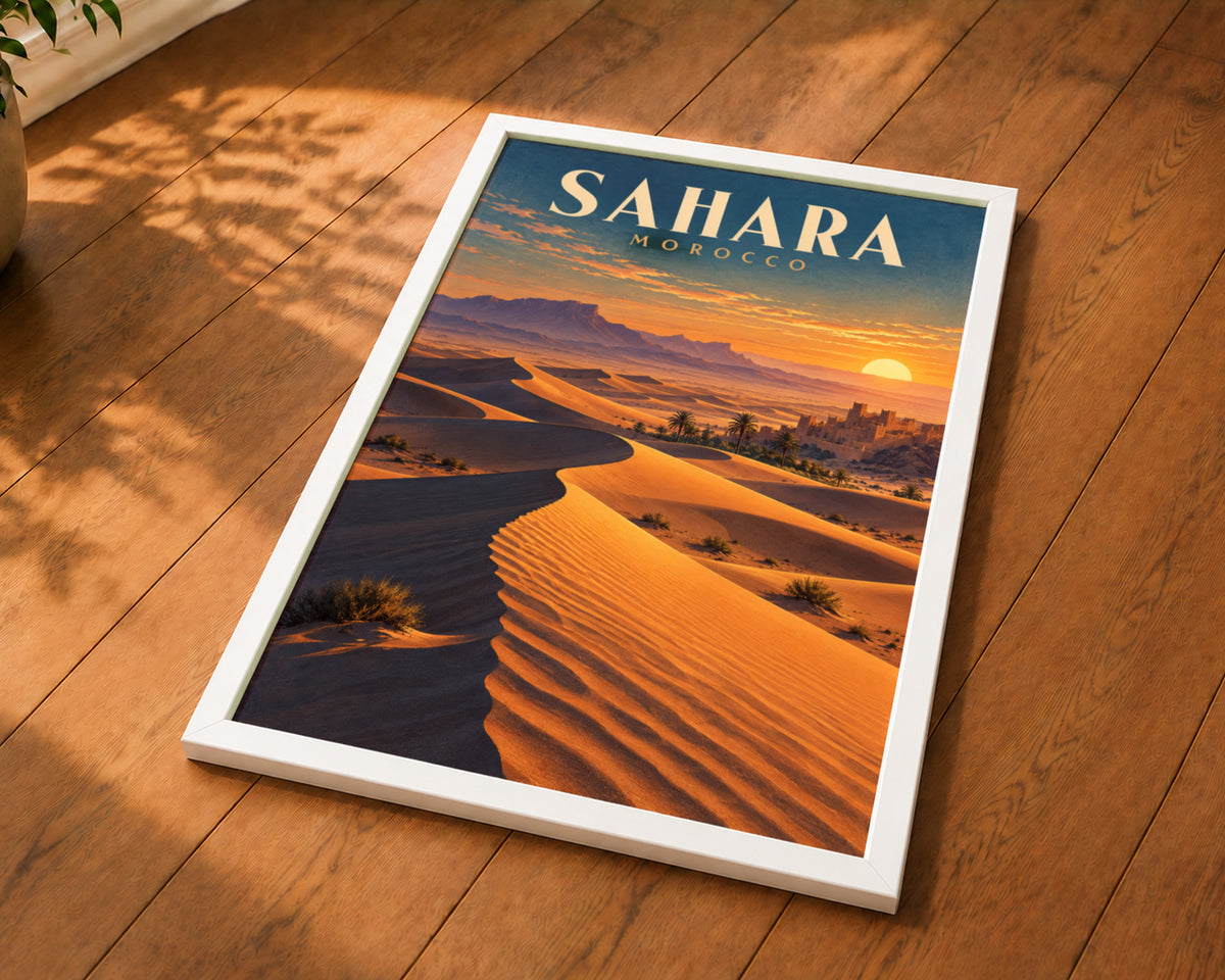 Sahara Morocco Desert Sunset – Retro Travel Landscape Wall Art
