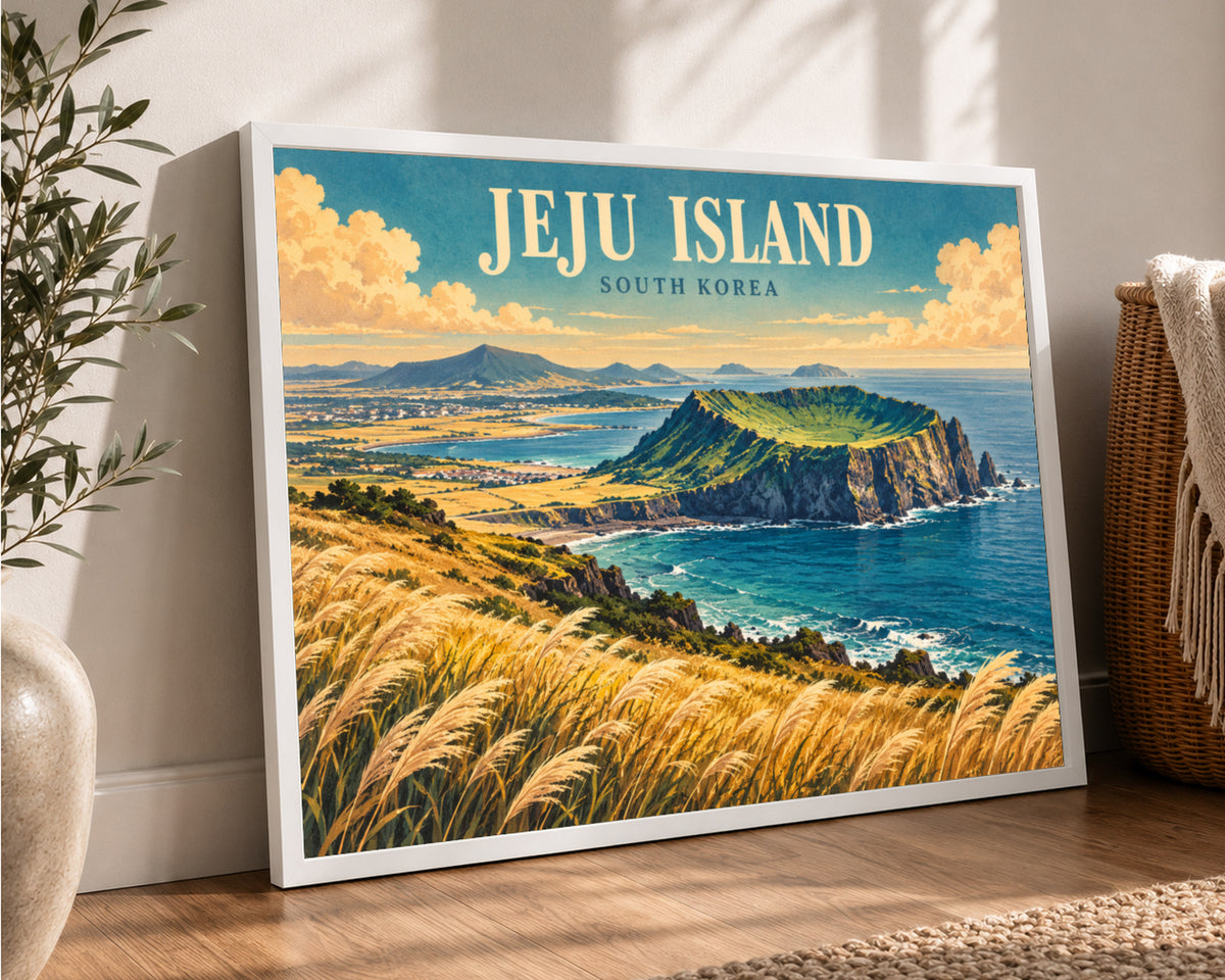 Jeju Island Coastal View – Retro Travel Landscape Art Print
